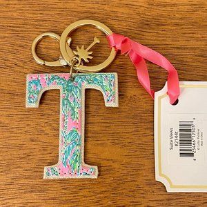 Lilly Pulitzer Keychain Suite Views Gold T Initial Ring Holder Bag Charm NWT New